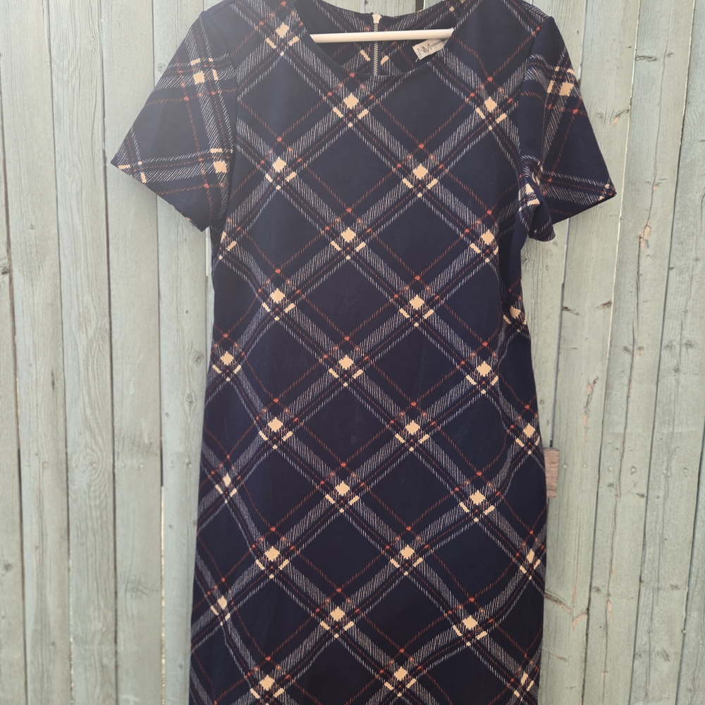 Neiman Marcus Navy Plaid Shift Dress | Short Sleeve | Size 8